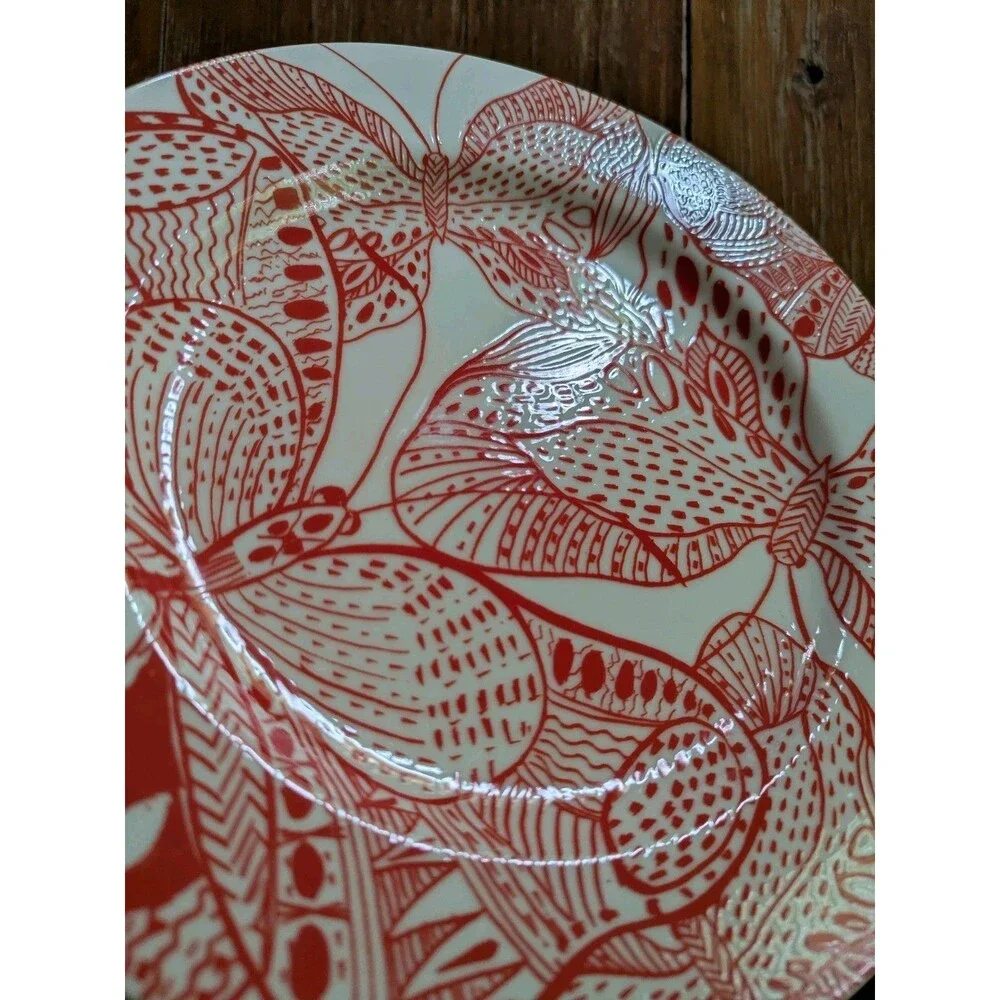 Anthropologie Dinner Plate Red White Butterfly Art NEW Glossy 10.75